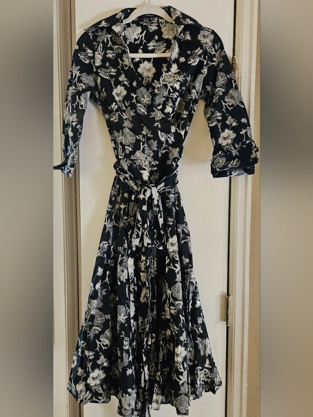 Zara Basic Black Floral Cotton Wrap Midi Maxi Dress M